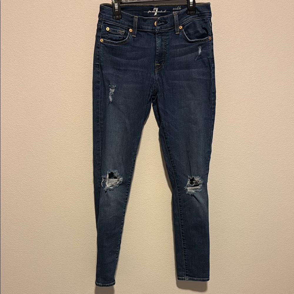 7 For All Mankind Blue Skinny Jeans Distressed Tapered - Ankle Gwenevere